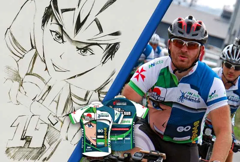 An illustrated jersey concept, the printed Lifecycle Challenge cycling kit, and the team wearing it on the road