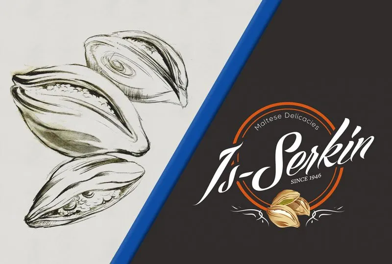 Hand-drawn concept sketches of pastizzi beside the finished Is-Serkin logo they became